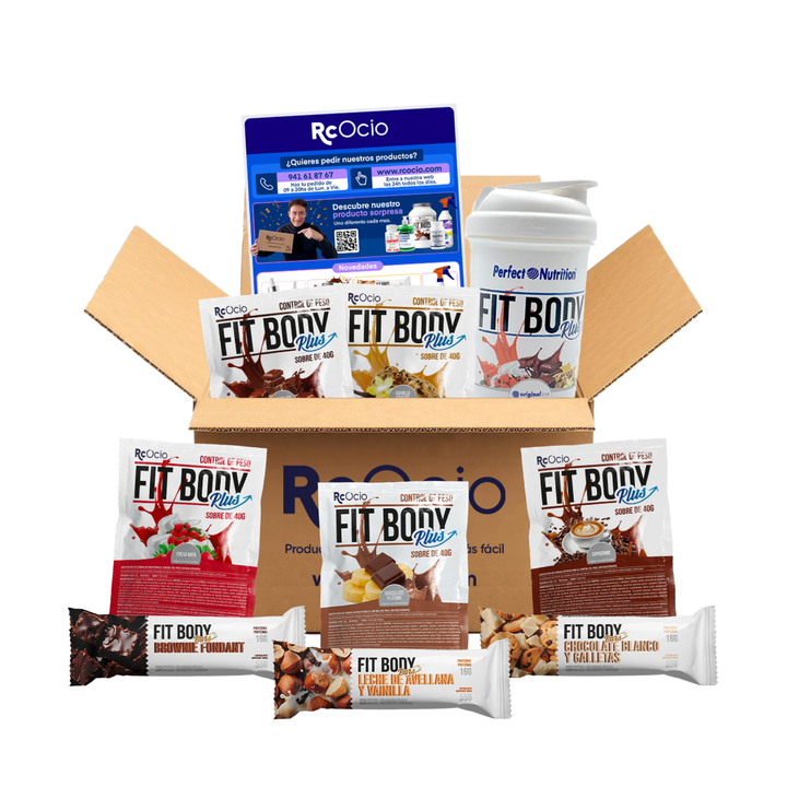 Pack prueba FitBody 5 sabores + Vaso coctelera + 3 barritas proteicas