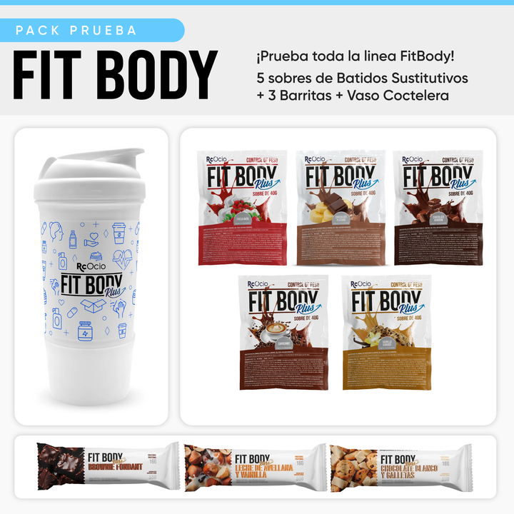 Pack prueba FitBody 5 sabores + Vaso coctelera + 3 barritas proteicas