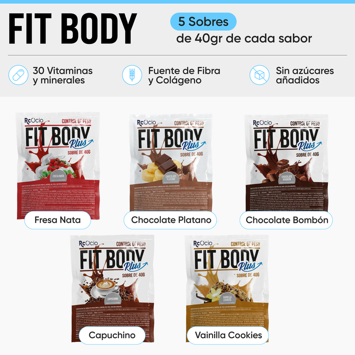 Pack prueba FitBody 5 sabores + Vaso coctelera + 3 barritas proteicas