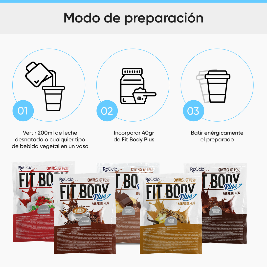 Pack prueba FitBody 5 sabores + Vaso coctelera + 3 barritas proteicas