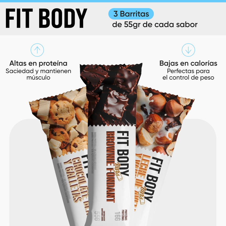 Pack prueba FitBody 5 sabores + Vaso coctelera + 3 barritas proteicas
