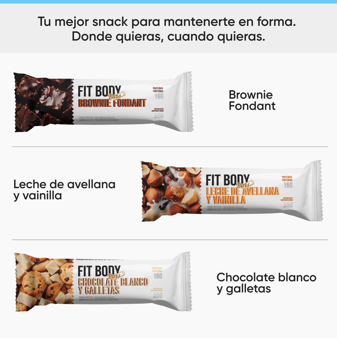 Pack prueba FitBody 5 sabores + Vaso coctelera + 3 barritas proteicas
