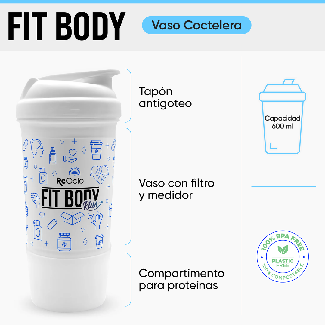 Pack prueba FitBody 5 sabores + Vaso coctelera + 3 barritas proteicas